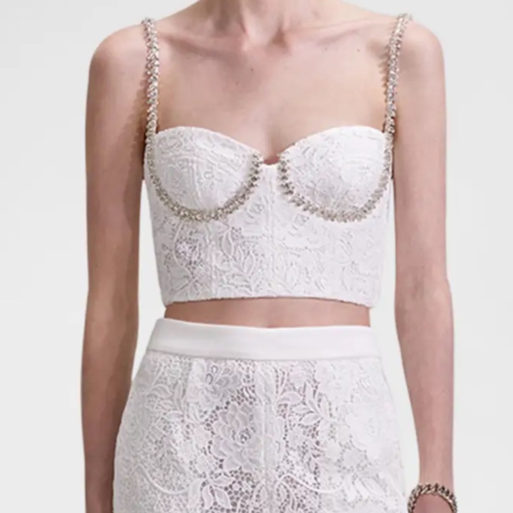 Self-Portrait Floral Corded Lace Diamante Crop Top (0)